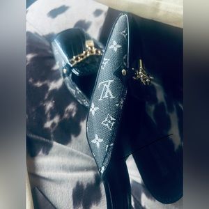 Louis Vuitton patent leather denim mules